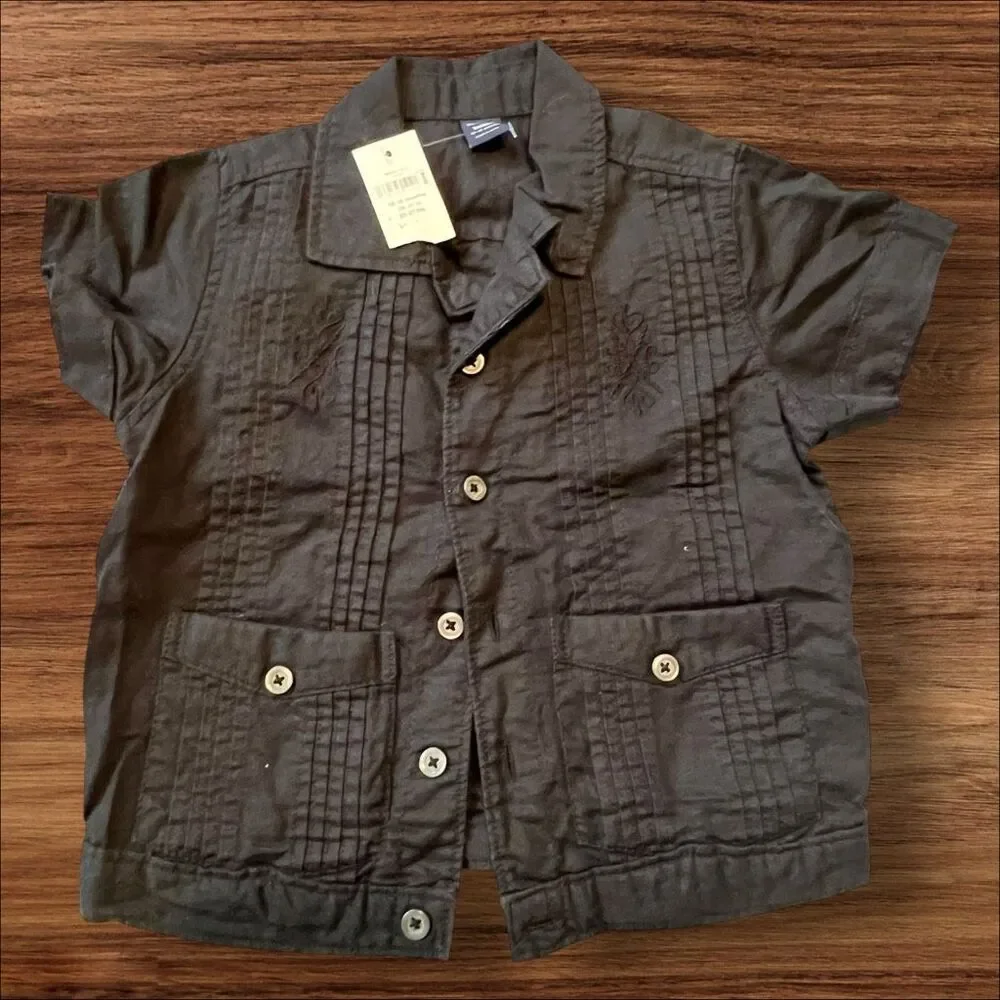 ☑️ Baby Gap Black Linen Blend Guayabera Button Shirt 12-18 Months